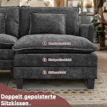 Модульний кутовий диван, L-подібний диван для вітальні, надзвичайно глибокі, зручні дивани-хмарки з шенілу з декоративними подушками та розсувною оттоманкою (чорний, 3 місця з 1 оттоманкою) Чорний 3 місця з 1 оттоманкою