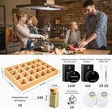 Натуральна бамбукова підставка для спецій з банками, набір шаф для спецій з 24 квадратними банками для спецій, бамбукова підставка для спецій, що підходить для охайної та організованої кухні, натуральний бамбук, 24 квадратні банки