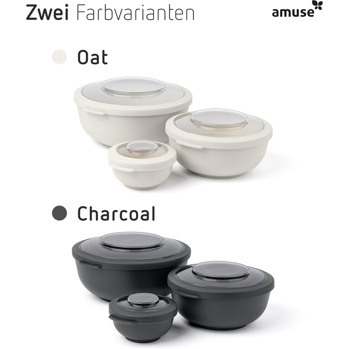Набір з 3 мисок Amuse Tylla (200 мл, 1000 мл, 2000 мл) Герметичні контейнери для зберігання їжі з кришками для приготування їжі Контейнери для зберігання їжі без бісфенолу А для дітей та дорослих, можна мити в посудомийній машині Набір з 3 вугільних чашок