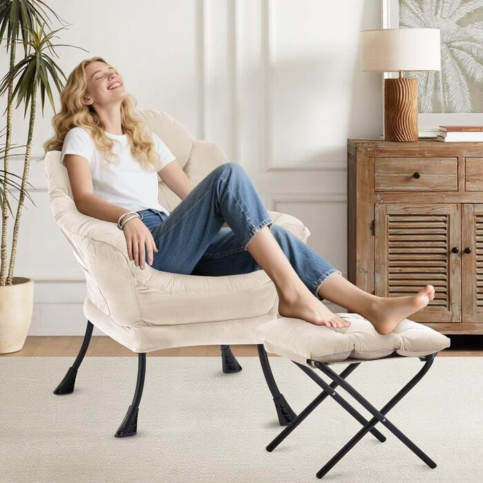 Крісло-ліжко з оттоманкою, крісло для вітальні, крісло з відкидною спинкою та підставкою для ніг, зручне крісло для читання, шезлонг з підставкою для ніг, крісло-реклайнер з підставкою для ніг, бічна кишеня, бежевий