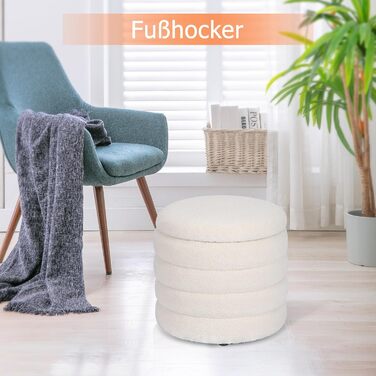 Круглий стілець для зберігання речей з плюшевої тканини - м&39який стілець, круглий туалетний столик для вітальні, спальні та коридору, Ø 46 x 47 см, білий 46x46x47 см