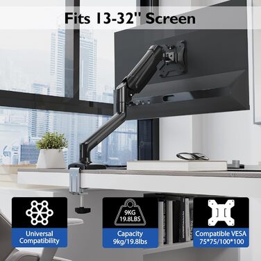 Тримач для монітора BONTEC 13-32 дюйми, 3-9 кг, VESA 75/100 мм, з газовою пружиною, ергономічний, поворотний, нахильний та обертовий