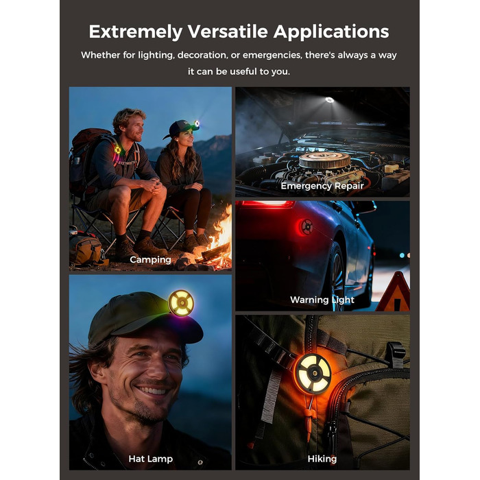 Ліхтар для кемпінгу Smiling Shark CL01, портативний світлодіодний ліхтар для кемпінгу, акумуляторний, магнітний із затискачем, різьба та гачок 1/4 дюйма, 3 колірні температури та бічне світло RGB для кемпінгового аварійного рюкзака (чорний)