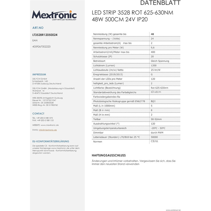Світлодіодна стрічка Mextronic 3528, червона, 625-630nm, 48W, 500см, 24V, IP20