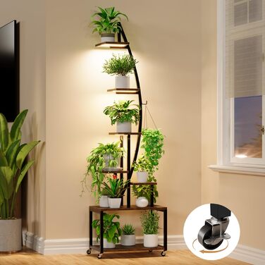 Підставка для рослин з лампою для вирощування, 7-рівнева підставка для квітів (165 см), полиця для рослин з металу та дерева з фіксуючими колесами, підставка для квітів для внутрішнього/зовнішнього використання, декоративна підставка для квітів для саду а