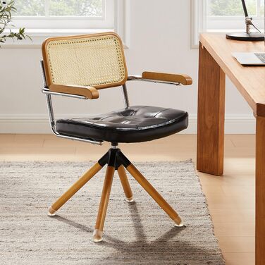Письмове крісло Zouron з ротанга, чорне - обертове крісло в стилі середини століття без коліщаток, м&39яке офісне крісло зі штучної шкіри з дерев&39яними ніжками, акцентне крісло для домашнього офісу, вітальні, спальні, , чорного кольору