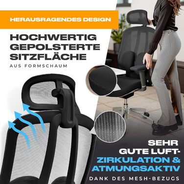 Ергономічне офісне крісло, переможець тесту, стілець для роботи регульована підтримка голови та попереку Ергономічне офісне крісло з підлокітниками Офісне крісло з колесами, зручне для спини, до 150 кг, чорний колір