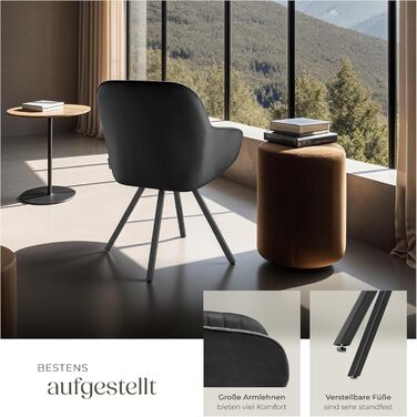 Обідні стільці tectake з підлокітниками, ергономічне крісло-обшивка з оббивкою з стьобаного оксамиту, обертові стільці для вітальні, обіднього столу, кабінету, туалетного столика, кухонних стільців - комплект з 4 шт. , чорний