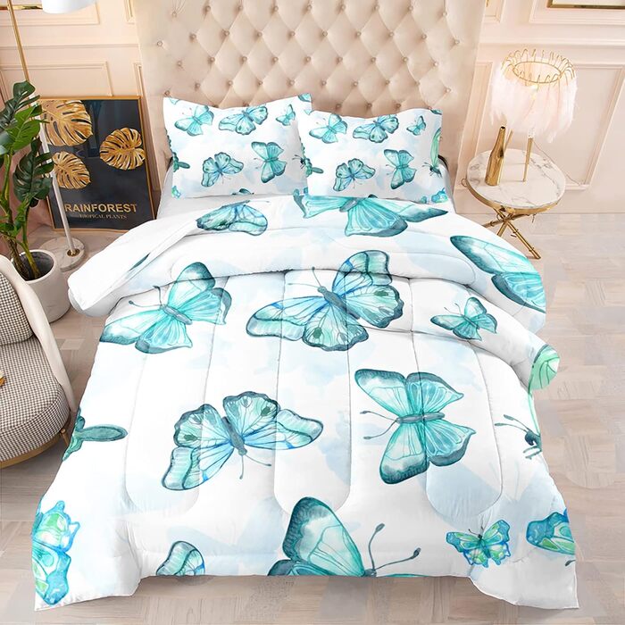 Ковдра QOOMO метелик, двоспальне ліжко, комплект дитячої постільної білизни з метеликами, 3-секційна, друкована ковдра з 2 наволоч