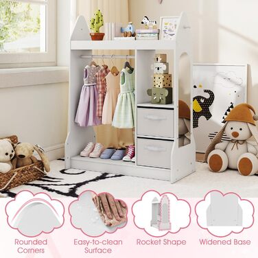 Дитяча шафа FANTASK з тканинними шухлядами, 81 x 38 x 107 см, Дитяча шафа з дзеркалом та вішалкою для одягу, Дерев&39яна вішалка для одягу для дитячих кімнат (біла)