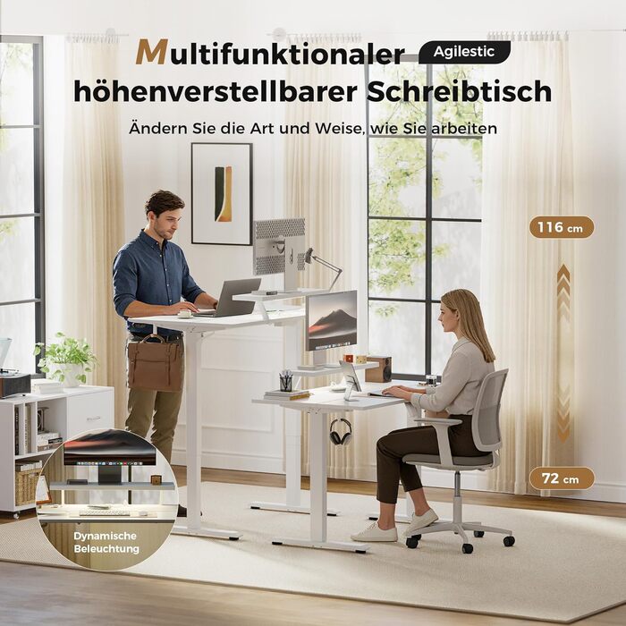 Електрично регульований по висоті стіл 100 x 60 см зі світлодіодною стрічкою, USB-портом та регульованою підставкою для монітора, стіл для роботи стоячи з 2-секційною стільницею, комп&39ютерний стіл, білий 100 x 60 см зі світлодіодним підсвічуванням