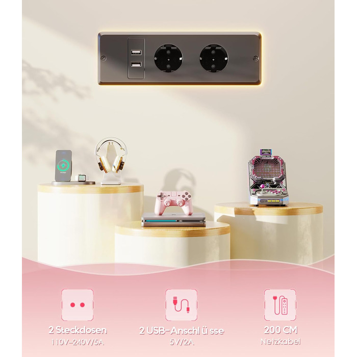 Ігровий стіл OffiGo, стіл з регульованою висотою 140 см, RGB-підсвічуванням та розетками, електричний стіл з 3 відкритими відділеннями для зберігання, тримач для напоїв та навушників, карбонова поверхня білого кольору