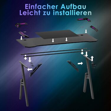 Ігровий стіл 160 x 60 см, ігровий стіл, комп&39ютерний стіл у формі літери А з RGB-світлодіодним підсвічуванням, карбонова поверхня, ергономічний кутовий стіл з підставкою для чашок та гачком для навушників, 160 x 60 см