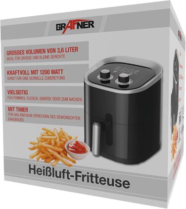 Фритюрниця Grafner XL 3,6 літра, 1200 Вт, система приготування 360, кошик для смаження з антипригарним покриттям, таймер на 30 хвилин, плавне регулювання температури до 200C, фритюрниця без жиру, фритюрниця без олії
