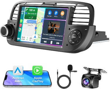 Автомагнітола для Fiat 500 2007-2015 з бездротовим Carplay та головним пристроєм Android Auto, 232 ГБ 7-дюймовий IPS HD сенсорний екран з GPS-навігацією/голосовим керуванням/WiFi/SWC/Bluetooth 5.2/FM/камерою заднього виду, чорний колір