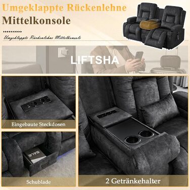 Двомісний крісло-реклайнер з функцією відкидання спинки, електрично регульоване крісло для телевізора з підігрівом та вібромасажем, крісло для домашнього кінотеатру з мультимедійною центральною консоллю, оксамит, сірий. Сірий двомісний крісло з консоллю