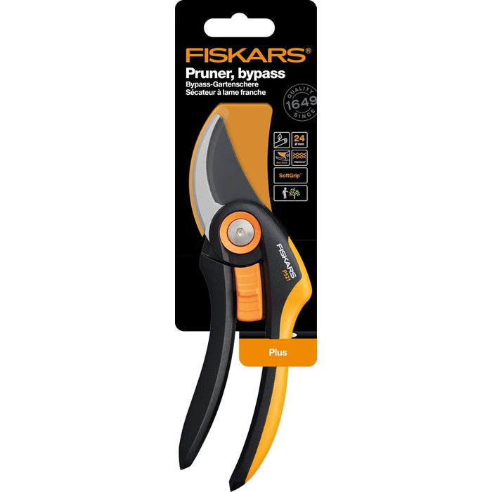 Садові ножиці Fiskars Bypass, Plus, P521, Для свіжих гілок та сучків, Антипригарне покриття, Леза з нержавіючої сталі, Довжина 20,1 см, Чорний/Помаранчевий, 1057167 Bypass P521