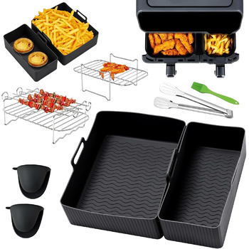 Аксесуари для фритюрниці Lifemaison 8PCS для Tefal EY9018 5.2/3.1 L, Cecotec Cecofry DuoSize 9 л 5.5/3.5 л, Salter EK5729, два розміри з подвійними ящиками, подвійні аксесуари з силіконовою формою для фритюрниці Black