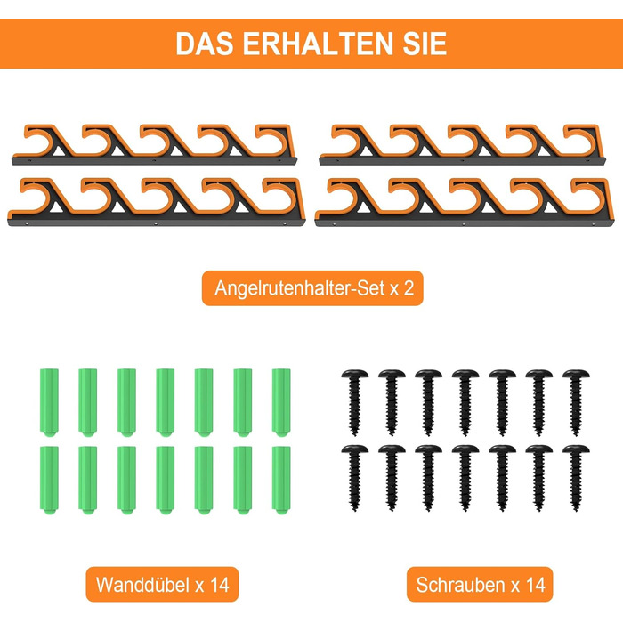Тримачі для вудок tonhui, горизонтальні, настінні та стельові, з 2 кріпленнями, гараж для вудок з м&39яким PU-захистом, підставка для 10 вудок, стійке до подряпин зберігання вудок (чорний/жовтий)
