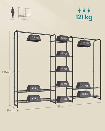 Вішалка для одягу, Відкрита шафа, Вішалка для одягу, Вішалка для пальто з полицями, Металева шафа, Окремостояча, 29 x 183 x 158,4 см, Матовий чорний LGR463B01 183B см Матовий чорний