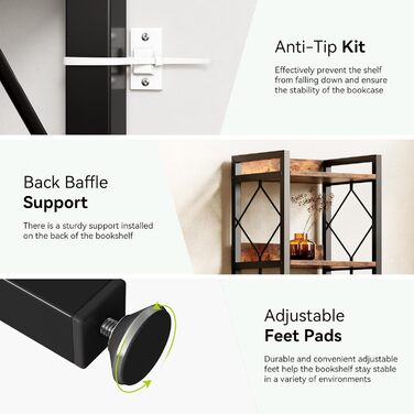 Ярусна книжкова полиця LITTLE TREE, полиця на одному місці, окремостояча полиця, вітальня, спальня, кабінет, 35 x 35 x 200 см, промисловий дизайн, вінтажний коричнево-чорний, 7-