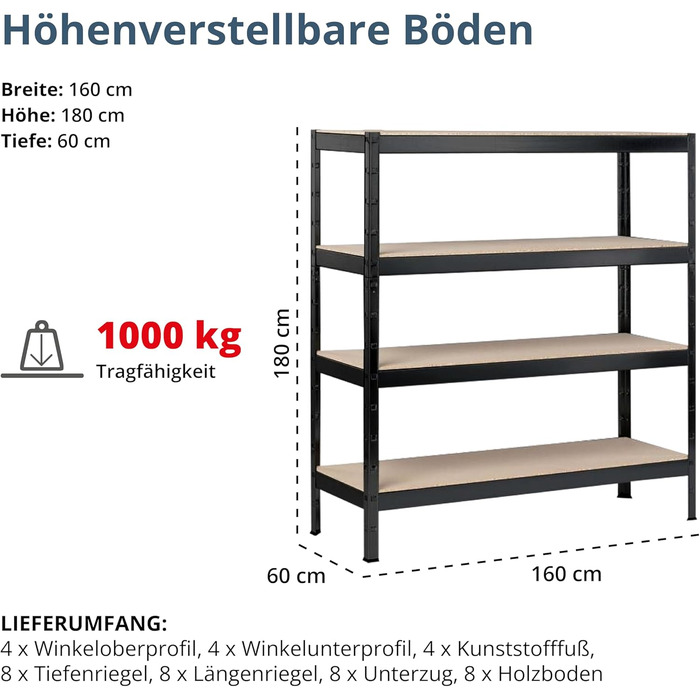 Стелаж SCHULTE Shelf World для важких умов експлуатації з 4 рівнями, 180x160x60 см (ВxШxГ), вантажопідйомність на рівень приблизно 250 кг, чорний текстурований, стелаж для зберігання, стелаж для підвалу, стелаж для майстерні, стелаж без ригелів