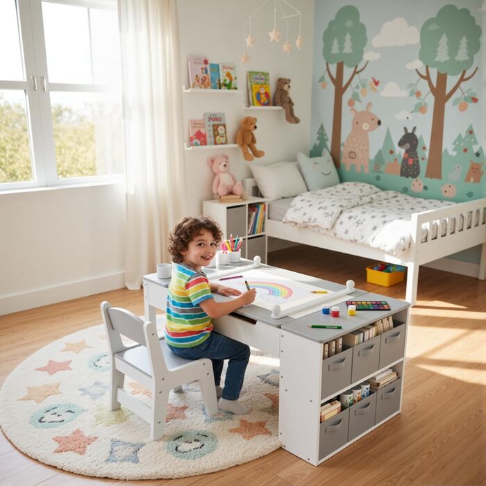 Дитячий стіл MAMIZO з 2 стільцями, дерев&39яний дитячий стіл та комплект стільців, дитячий комплект сидіння з місцем для зберігання та рулоном паперу, стіл для малювання та рукоділля, художній стіл для дітей від 3 років, сірий