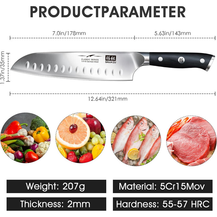 Ніж шеф-кухаря Кухонний ніж, ніж шеф-кухаря Santoku німецький вуглецевий нержавіюча сталь гострий ніж лезо 18 см ергономічна ручка