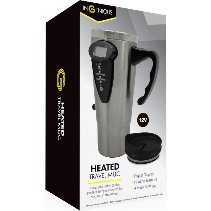 Дорожня кружка InGenious з підігрівом з нержавіючої сталі з 4 рівнями нагріву, адаптером для прикурювача 12 В та місткістю 450 мл