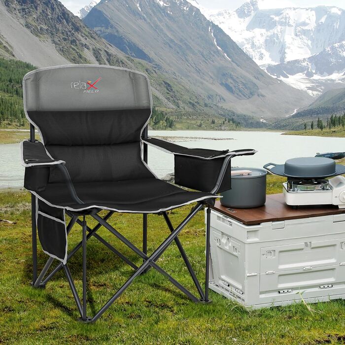 Складане кемпінгове крісло, вантажопідйомність 200 кг, з тримачем для напоїв та сумкою-холодильником, складне кемпінгове крісло, складне рибальське крісло з високою спинкою, чорне