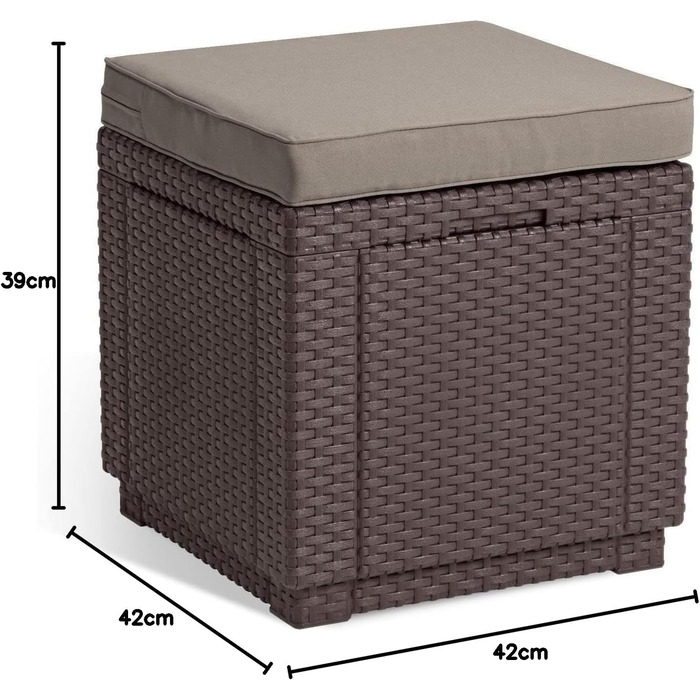 В коричневому кольорі, в т.ч. подушка сидіння, 42x42x39 см, пластик в стилі ротанг, внутрішня частина табуретки може використовуватися як місце для зберігання