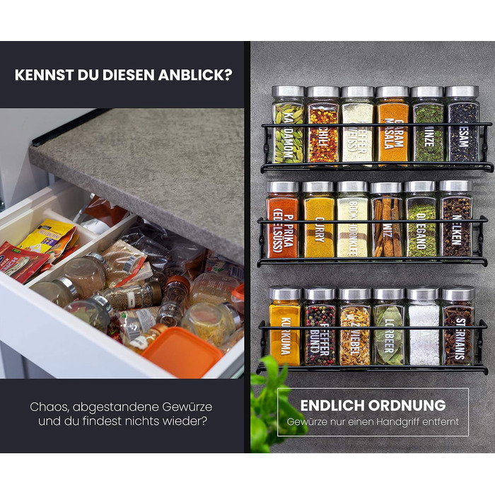Підставка для спецій з 18 банками - Для підвішування на стіну та дверцята шафи - Не потребує свердління - Підвісний органайзер для спецій з кришками з нержавіючої сталі