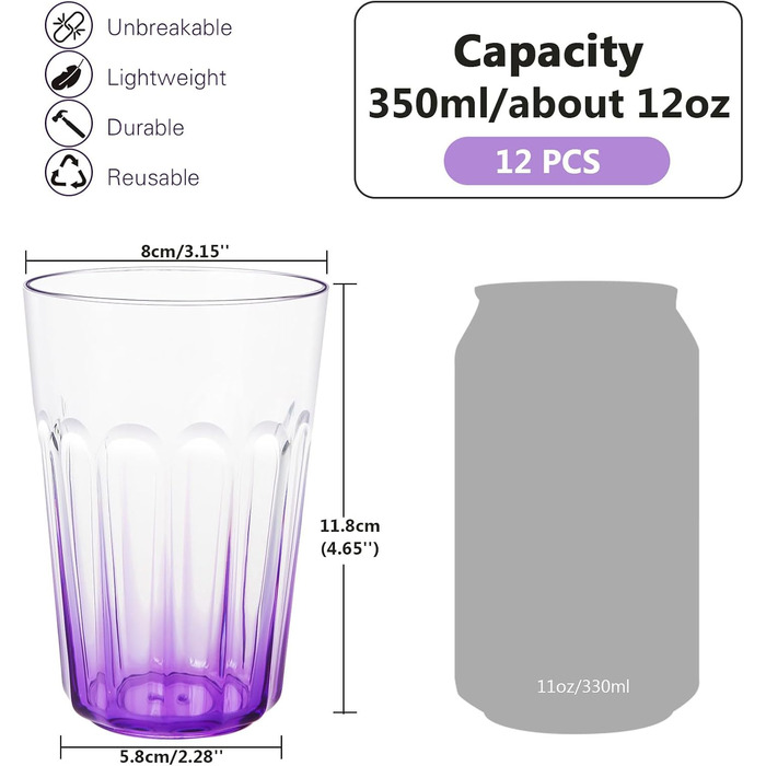Пластикових стаканчиків по 350 мл - Стійкі стаканчики для дітей - Багаторазові пластикові стаканчики - Ідеально підходить для вечірок, активного відпочинку, кемпінгу - Фіолетові, 12