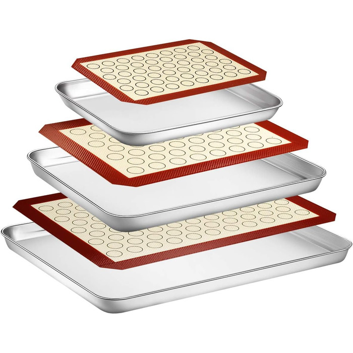 Деко Wildone з набором силіконових килимків, набір з 6 шт. (3 дека 3 килимки), деко для випічки з нержавіючої сталі з силіконовим