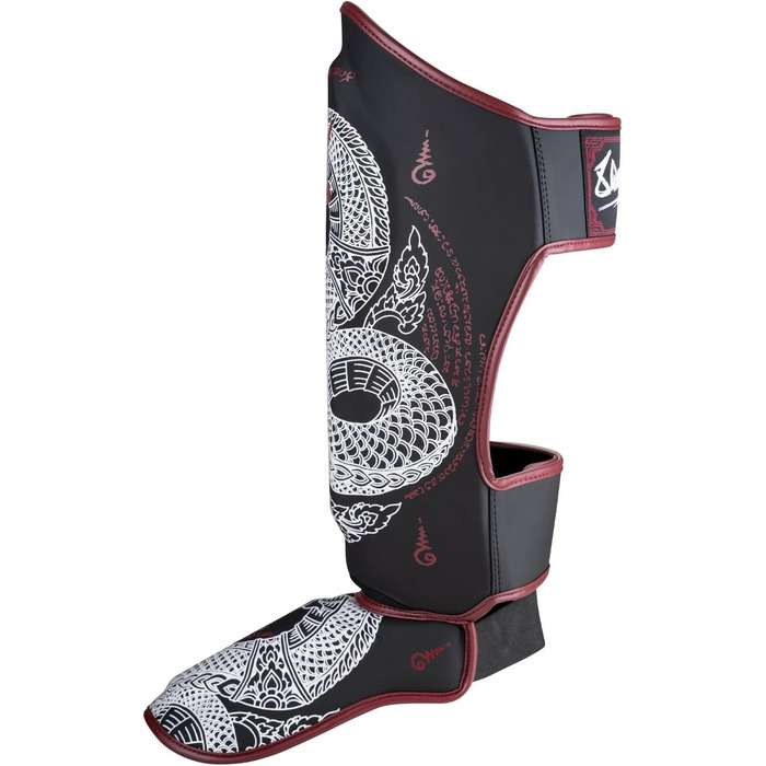 ВИДІВ ЗБРОЇ Щитки для гомілок Sak Yant Naga, чорно-коричневі, для тренувань та змагань, високоякісна синтетична шкіра та ідеальна амортизація, муай-тай, K1, MMA, карате та кікбоксинг, 8