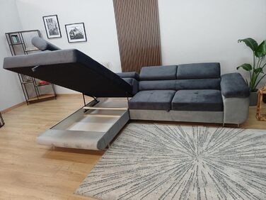 Кутовий диван Aston з функцією сну та відділенням для зберігання речей, вітальня, L-подібний диван з відділенням для зберігання речей, L-подібної форми, диван з функцією сну (темно-сірий/сірий, шезлонг ліворуч) Темно-сірий / сірий, шезлонг ліворуч