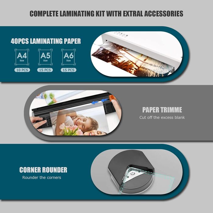 Ламінатор, термічний та холодний ламінатор A4 з 40 рукавами, ламінатор 4-в-1 з різаком для паперу та закруглювачем кутів, ламінатор для A4, A5, A6, для офісу, дому, листівок, меню, школи