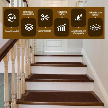 Килимки для сходів, ACESOME 10-штукові зносостійкі килимки для сходів, м&39який та зручний самоклеючий килимок для сходів, прямокутний килимовий покриття для сходів 80 x 20 см (кавовий)