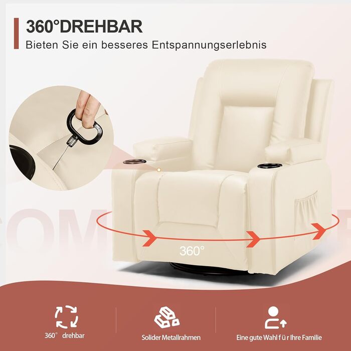 Крісло для телевізора LUCKRACER з розкладним підйомником з функцією відкидання та підставкою для ніг, поворотне на 360 крісло для телевізора для вітальні, крісло-гойдалка з підставками для чашок та бічною кишенею, штучна шкіра, білий поліуретан