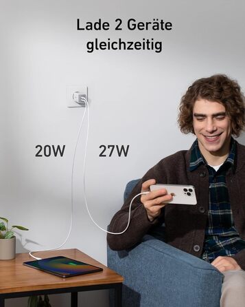 Зарядний пристрій Anker USB C 47 Вт, зарядний пристрій 523 (Nano 3), компактний із швидким зарядним пристроєм GaN на 2 порти для i