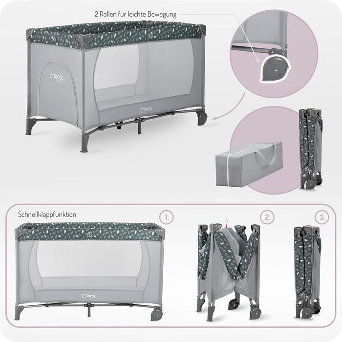 Дитяче ліжечко Momi BELOVE для дітей вагою до 15 кг, Ш65 x Д125 x В78 см (складається 21 x 23 x 80 см), дитяче ліжечко з матрацом, 2 колеса, сумка для транспортування сірого кольору