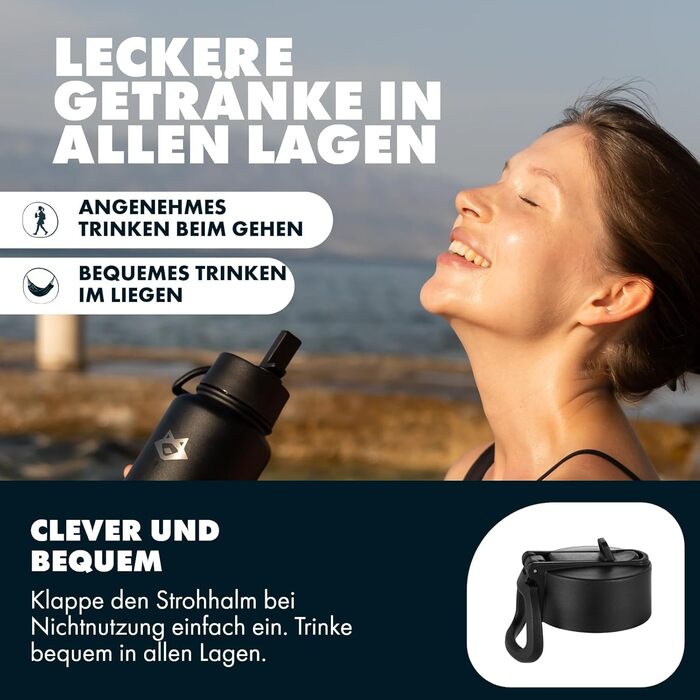 Пляшка для води з нержавіючої сталі 1 л аксесуари для чаю - термос, ситечко для чаю, заварювач для фруктів, спортивна кришка, насадка-трубочка (подарунковий набір чорного кольору)