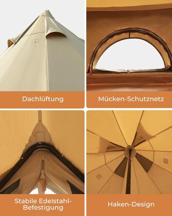 Намет для глемпінгу KingCamp, намет-дзвін для 6-12 осіб, 4-6,7 м, чиста бавовна/TC бавовна, водонепроникний, сімейний намет для відпочинку на природі з ПВХ-підкладкою, фестивальний намет для сімей та кемпінгових груп KHAN 4M T/C 210g Base Camp
