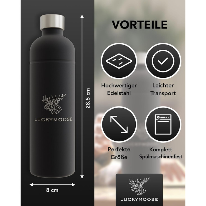 Пляшка Luckymoose Infinity 1.25 л для газованої води Aarke Carbonator 3, Philips GoZero & Brita SodaOne Maker - пляшка з нержавіючої сталі, яку можна мити в посудомийній машині без терміну придатності (2 шт. чорна)