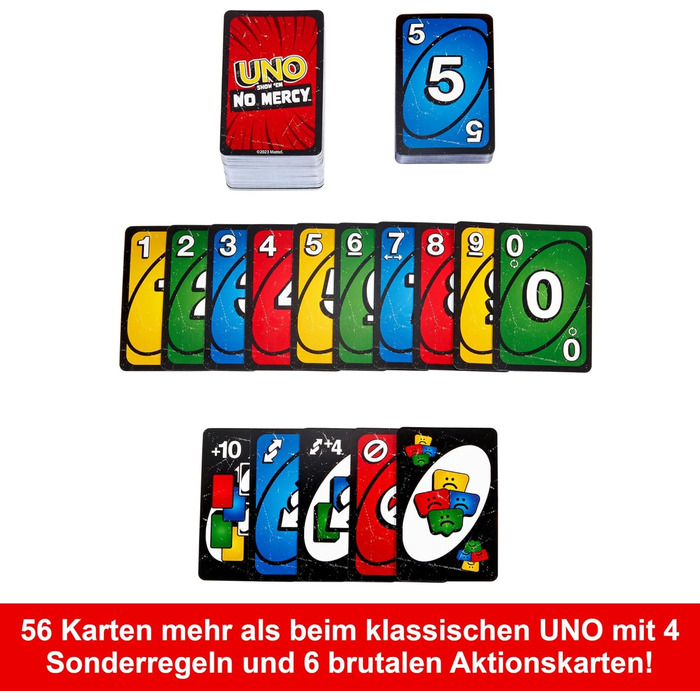 Карткова гра Mattel Games UNO No Mercy в коробці для зберігання на винос для дітей, дорослих та сімейних вечорів з додатковими картами, особливими правилами та жорсткішими покараннями, HXT57