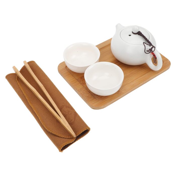 Набір для чаювання Supvox з кераміки для подорожей чайник Кун Фу, бамбуковий піднос та сумка для зберігання. Портативний набір для чаювання на відкритому повітрі для поціновувачів чаю.