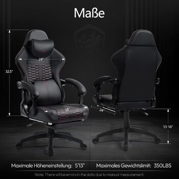 Ігрове крісло Dowinx велике та високе з масажною поперековою опорою, ігрове крісло з підставкою для ніг, ергономічне комп&39ютерне крісло, шкіра PU, 180 кг, чорний колір