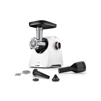 М'ясорубка Bosch MultiPower Serie 6 MFWS607W, 2 перфораційні решітки (4,5 та 8 мм), нержавіюча сталь, підходить для посудомийки, насадки для кеббе та ковбас, потужність 2100 Вт, біла