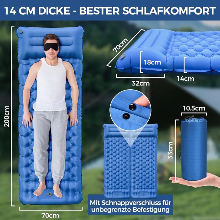 Килимок для сну NAPASA, потовщений надувний матрац 14 см із вбудованим насосом для ніг та подушкою, водонепроникний, килимок для сну з антипіреновим покриттям для походів, пляжу, подорожей, намету (синій) 3 шт. нашивки - синій