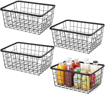 Кухонні металеві дротяні кошики, кошик для зберігання, дротяний кошик з ручками, для зберігання продуктів, органайзер, побутовий холодильник для шаф, комори, ванної кімнати, чорний, 4 предмети. Чорний, 4 шт., новий, малий